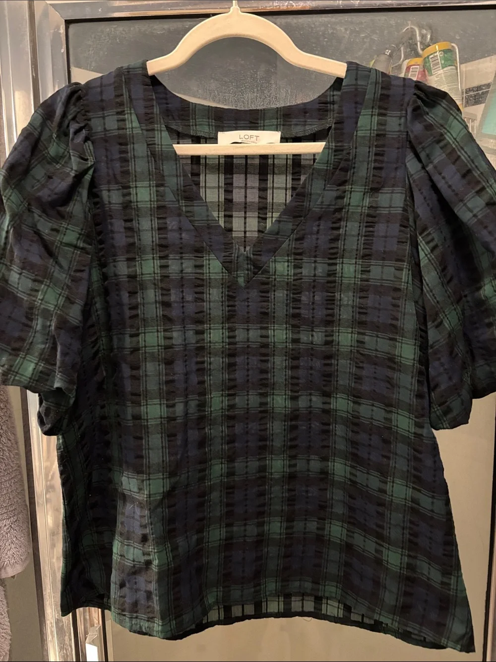 LOFT Black and Green Plaid V-Neck Puff Sleeve Top
